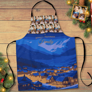 Tablier Village d'hiver bleu or Vacances en famille Photo 