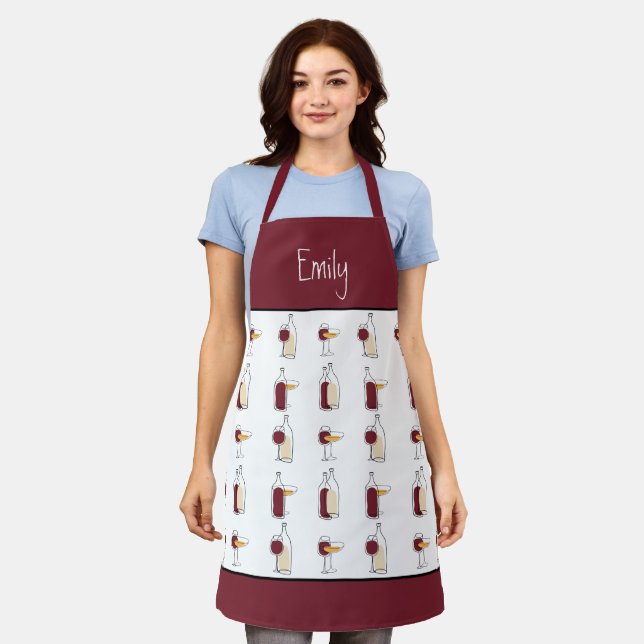Tablier Vin Bouteille Verre Nom Motif Bourgogne Blanc (Porté)