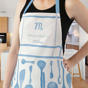 Tablier Vintage Bleu Rétro Cuisine cuillères Monogramme Ca
