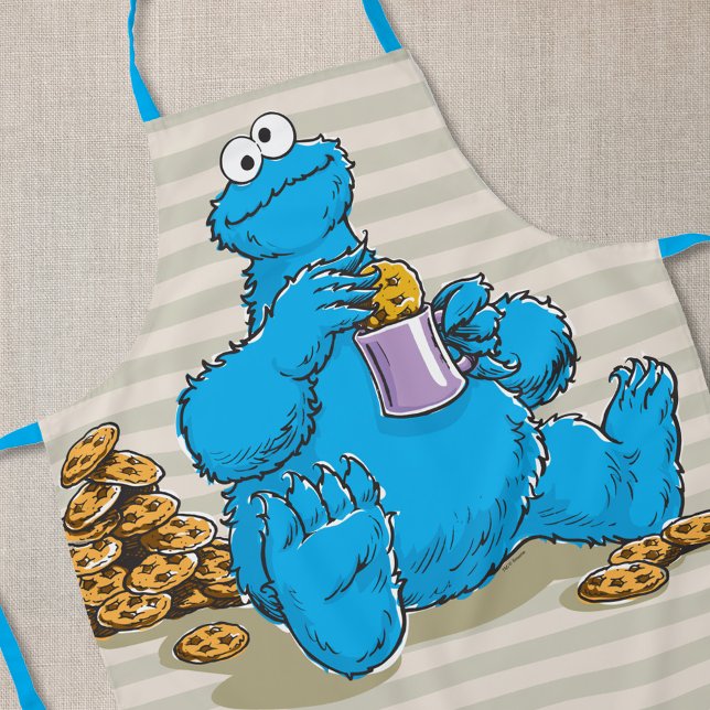 Tablier Vintage Cookie Monster Manger Cookies (Apron on linen)