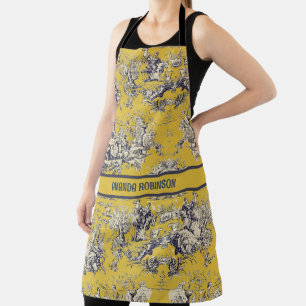 Tablier Vintage lac fleuri jaune toile de jouy monogramme