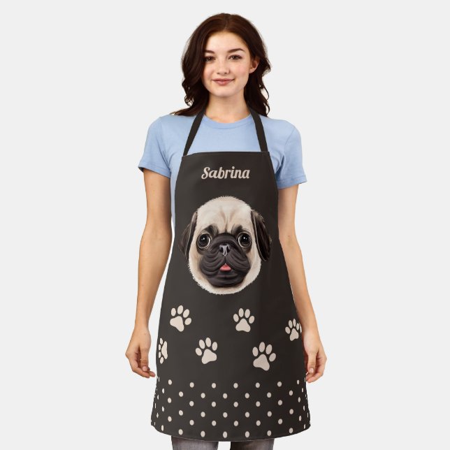 Tablier Visage de chien de Carlin mignon Nom personnalisé  (Porté)