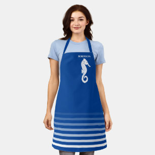 Tablier Votre nom avec Seahorse Navy Blue White Stripe