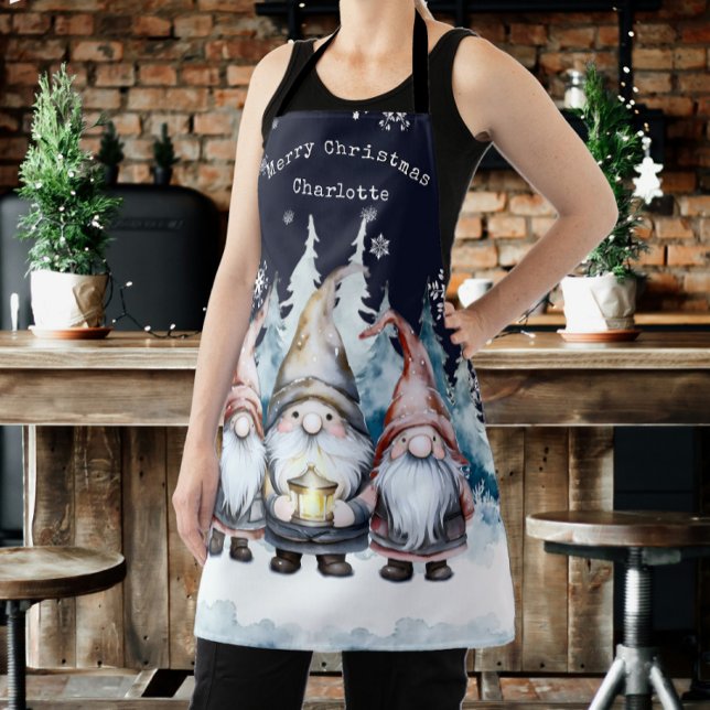 Tablier Watercolor Christmas Gnomes Personalized (Watercolor Christmas Gnomes Personalized Apron)