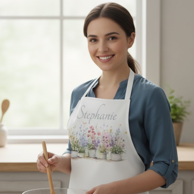 Tablier Watercolor Potted Flowers (Potted flowers personalized apron)