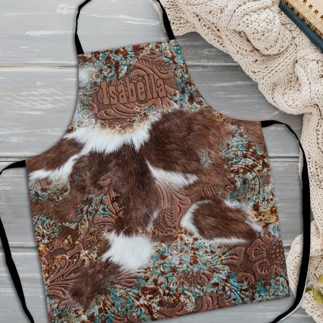 Tablier Western Cowhide Turquoise Nom en cuir Brown (Créateur téléchargé)