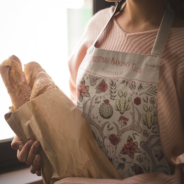 Tablier Western Reindeer Ranch Christmas Baking Crew (Christmas Baking Crew Personalized Xmas Apron. Hand-Drawn Western Pattern. Reindeer Antlers & Cactus)