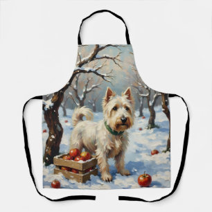 Tablier Westie vintage dans un verger enneigé à Noël