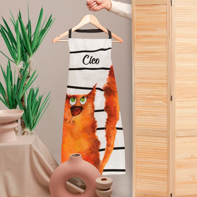 Tablier Whimsical Curious Chat sur les rayures Motif (Créateur téléchargé)