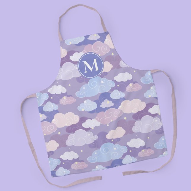 Tablier Whimsical Pastel Clouds et étoiles Motif (Whimsical Purple Clouds & Sky Pattern Apron with Personalized Monogram)