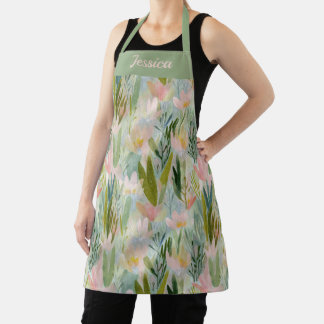Tablier Whimsical Sage Green Floral Personalized Apron