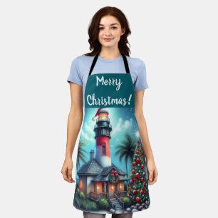 Tablier Whimsical Tropical Christmas Lighthouse Turquoise