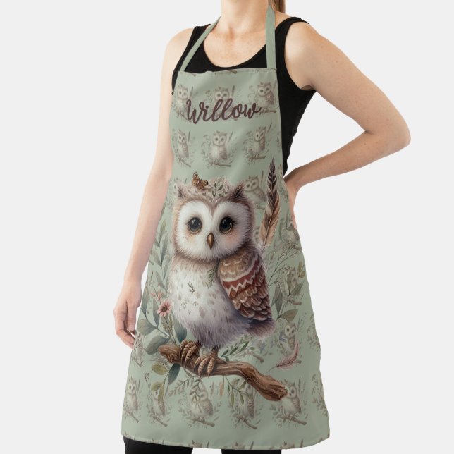 Tablier Whimsical Woodland Owl Botanical Illustration (Insitu)