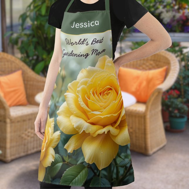 Tablier World's Best Mom Yellow Roses Garden Lover Kitchen (A personalized apron for the 'World's Best Gardening Mom' with yellow rose picture)