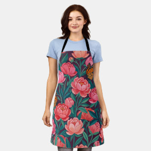Tabliers aux pivoines abstraites papillons gouache