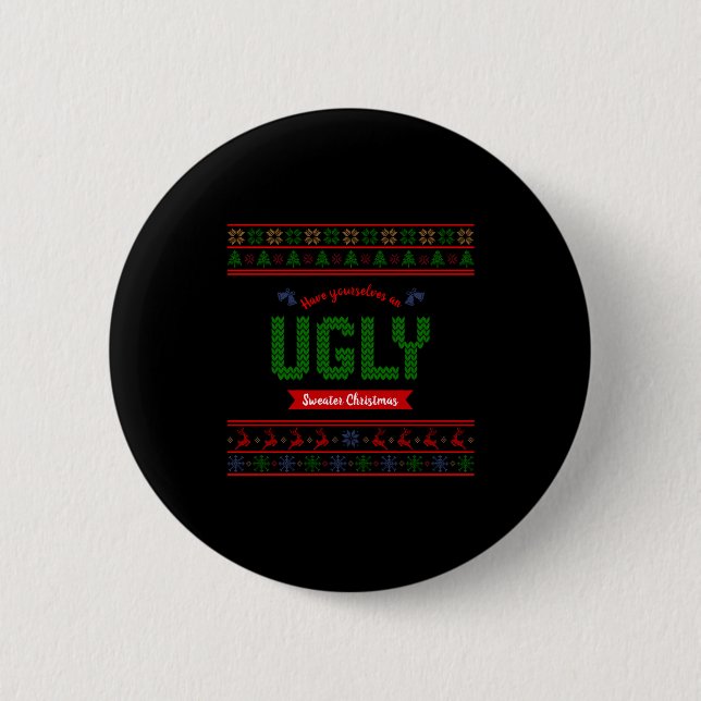 Tacky Christmas Nordic Knit Pattern Red Green Ugly Button (Vorderseite)