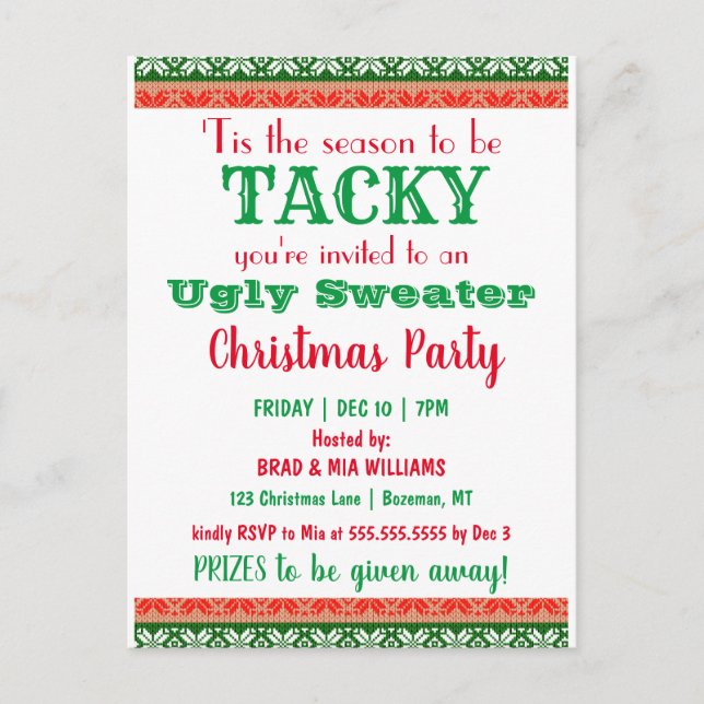 Tacky Ugly Sweater Christmas Party Einladung Postkarte (Vorderseite)