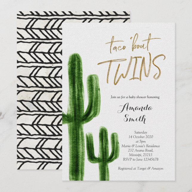 Taco à propos jumeaux Cactus baby shower carte Inv (Devant / Derrière)