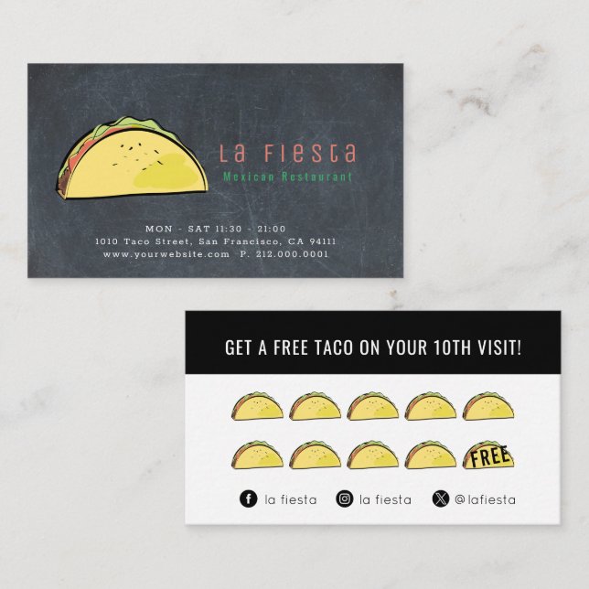 Taco Black Chalkboard Social Media Loyalty Card Visitenkarte (Vorne/Hinten)