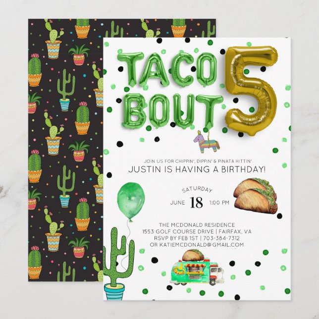 Taco Bout Five | Einladung zum fünften Geburtstag (Vorne/Hinten)