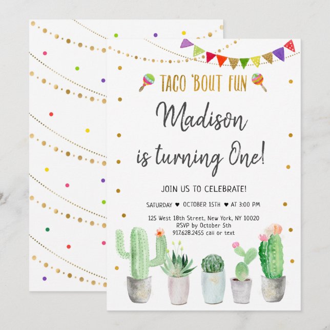 Taco 'Bout Fun Gold Fiesta Erster Geburtstag Einladung (Vorne/Hinten)