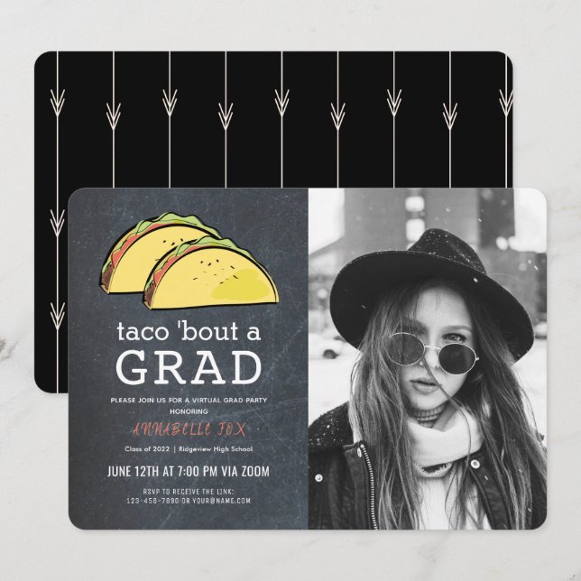 Taco Bout GRAD Foto Chkbd Bk Virtual Abschluss Einladung (Vorne/Hinten)