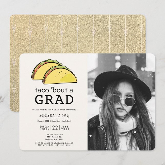 Taco Bout GRAD Foto Gold Graduation Party Einladung (Vorne/Hinten)