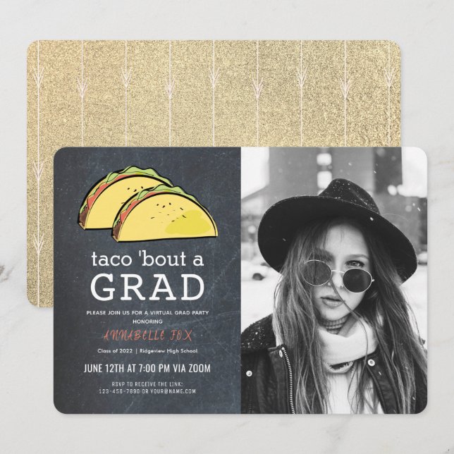 Taco Bout GRAD Foto Gold Virtual Abschluss Einladung (Vorne/Hinten)
