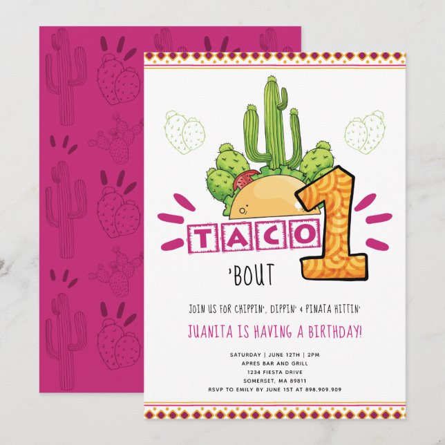 Taco Bout One | Erstgeburt Fiesta Pink Einladung (Vorne/Hinten)