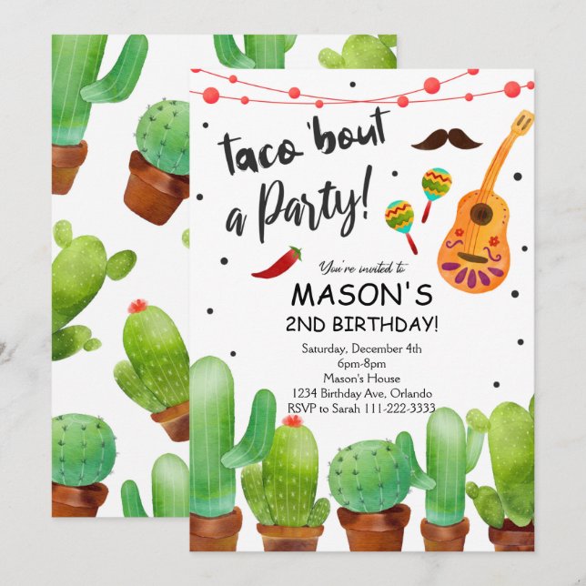 Taco Bout Party Fiesta Aquarelle Cactus Invitation (Devant / Derrière)