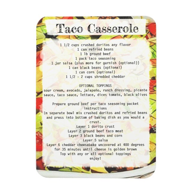Taco casserole recipe card magnet (Vertikal)