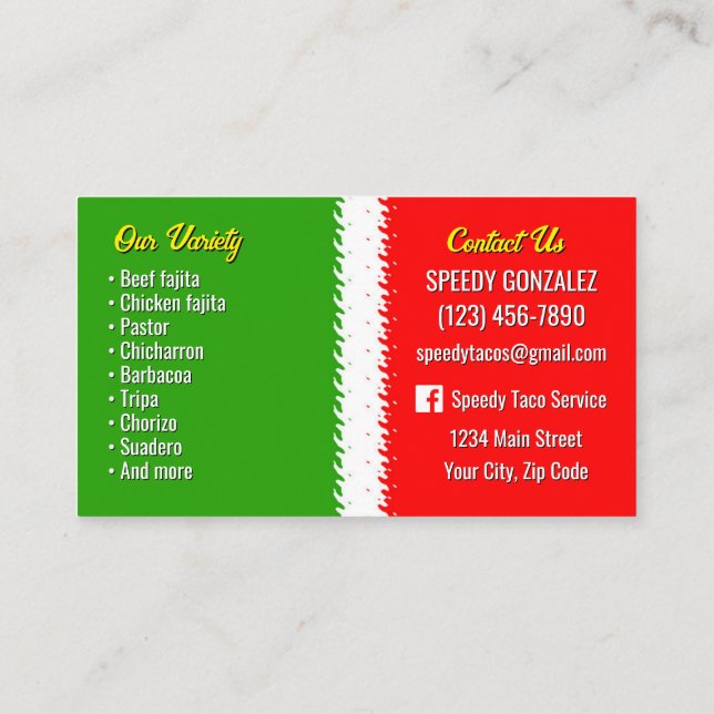 Taco Catering Service Business Cards Visitenkarte (Rückseite)