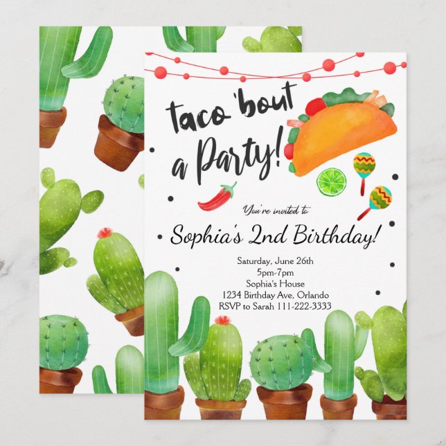 Taco Fiesta Bout Party Wasserfarben Cactus Invite Einladung (Vorne/Hinten)