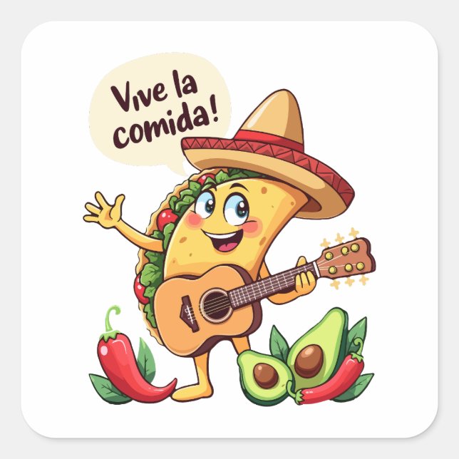 Taco Fiesta mit Gitarre und hispanischem Flair Quadratischer Aufkleber (Vorderseite)