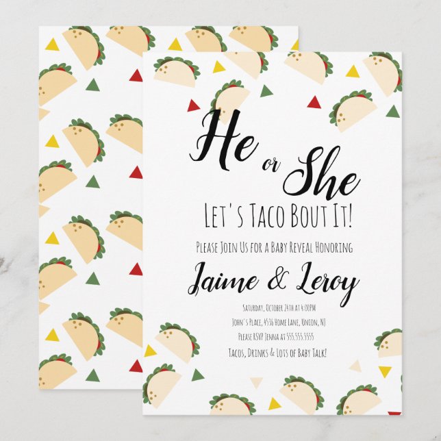 Taco Party Gender Reveal Er oder sie FIESTA Einladung (Vorne/Hinten)