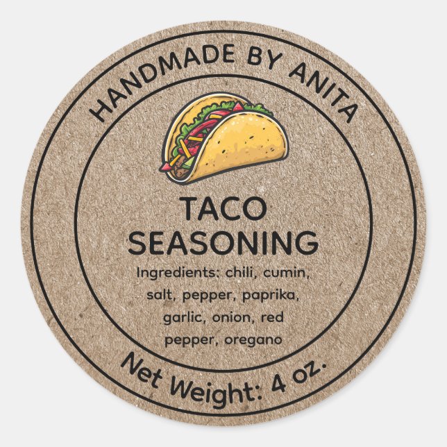 Taco Seasoning Blend Jar Label Kraft Papierstil Runder Aufkleber (Vorderseite)