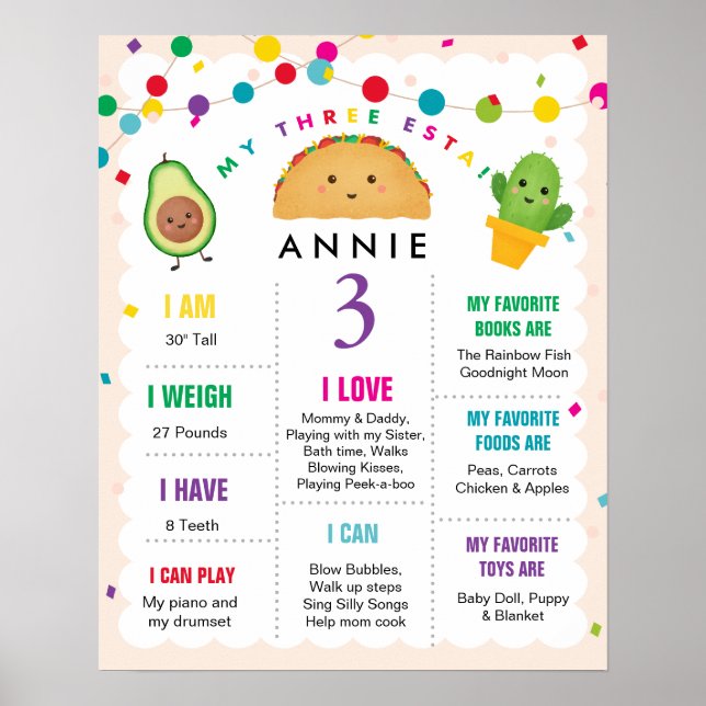 Taco TROIS-ESTA 3ème anniversaire fille Poster de  (Devant)