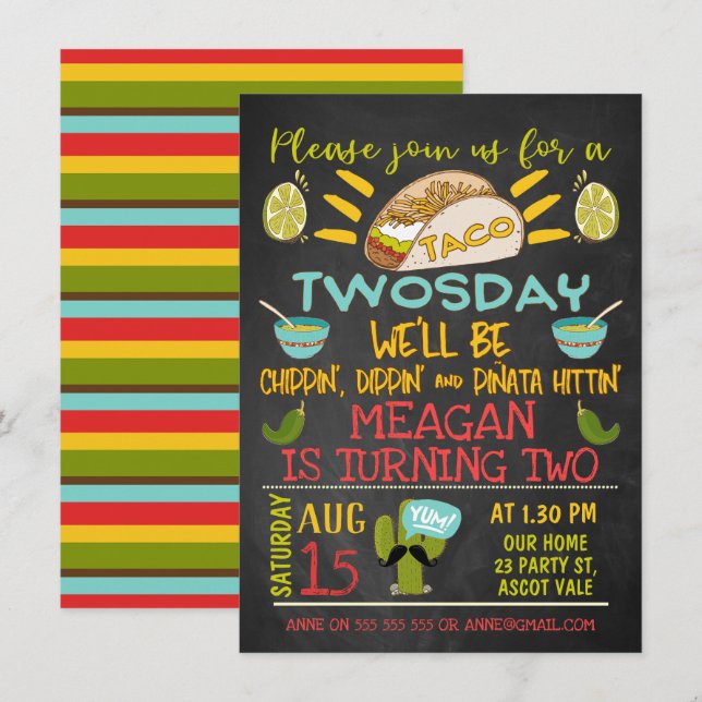 Taco Twosday Chalkboard 2. Geburtstag Einladung (Vorne/Hinten)