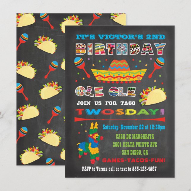 Taco Twosday Dienstag mexikanische Fiesta 2. Gebur Einladung (Vorne/Hinten)