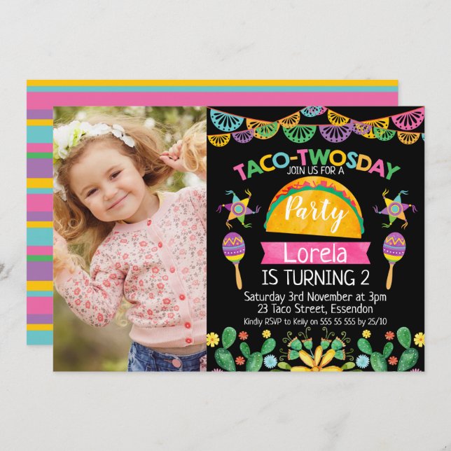 Taco Twosday Mexicaine 2e anniversaire Invitation (Devant / Derrière)