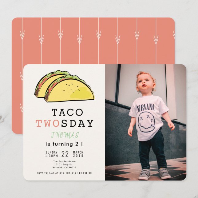 Taco Twosday Mexican Fiesta Foto 2. Geburtstag Einladung (Vorne/Hinten)