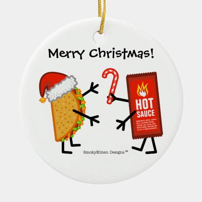 Taco u. scharfe Soße - frohe Weihnachten! Keramikornament (Vorne)
