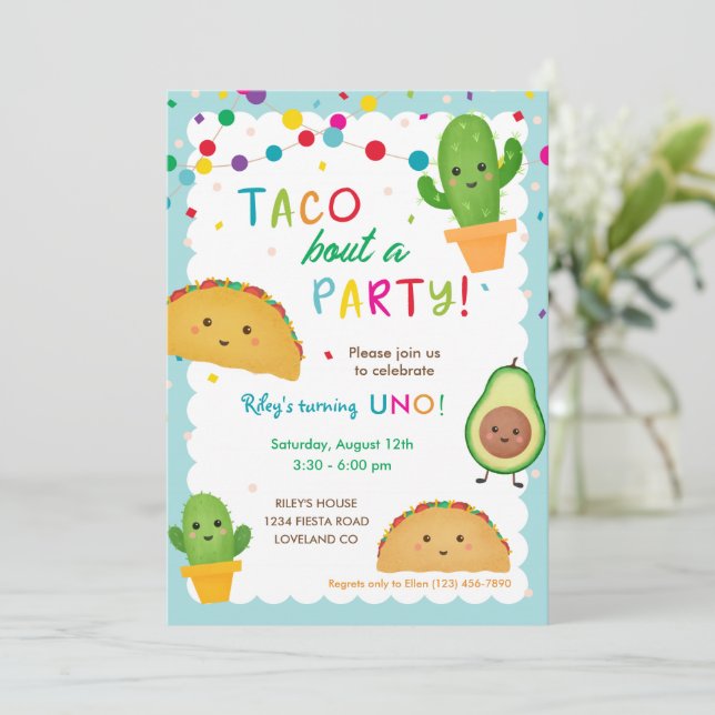 Taco über einen Party-Fest Geburtstag Einladung (Stehend Vorderseite)