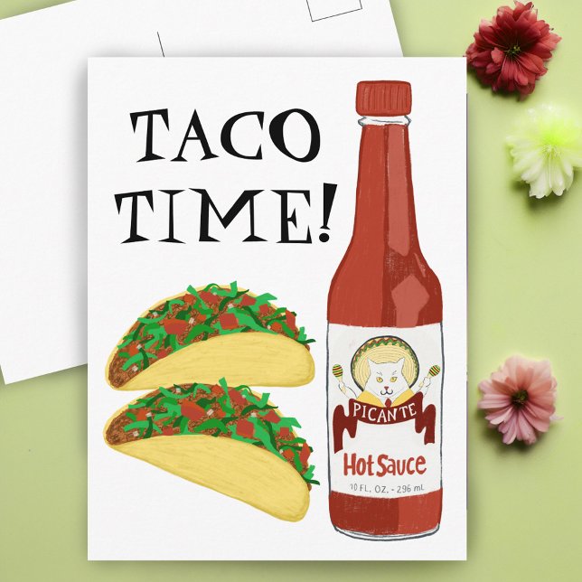 TACO ZEIT scharfe Sauce Cat Maracas Postkarte (TACO TIME Spicy Hot Sauce Cat Maracas Postcard
)