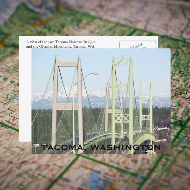 Tacoma Narrows Bridges Travel Foto Postkarte (In Situ Map)