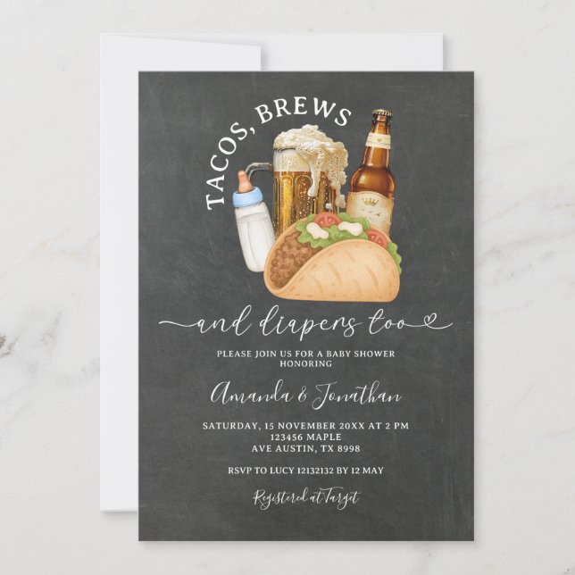 Tacos Brews and Diapers Baby Duschkabine Einladung (Vorderseite)