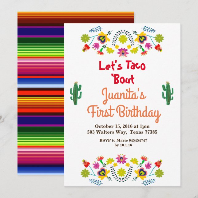 Tacos Fiesta Mexikanische Party Einladung 1. Gebur (Vorne/Hinten)