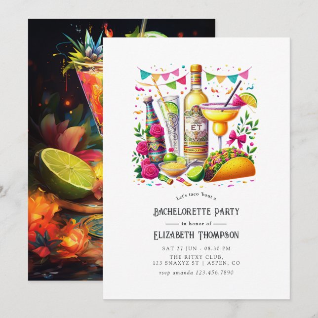 Tacos & Tequila Fiesta Bachelorette Bash Einladung (Vorne/Hinten)