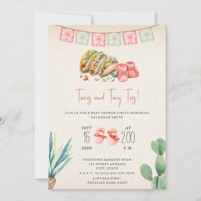 Tacos & Tiny Toes Girl Baby Shower Fiesta Einladung (Vorderseite)