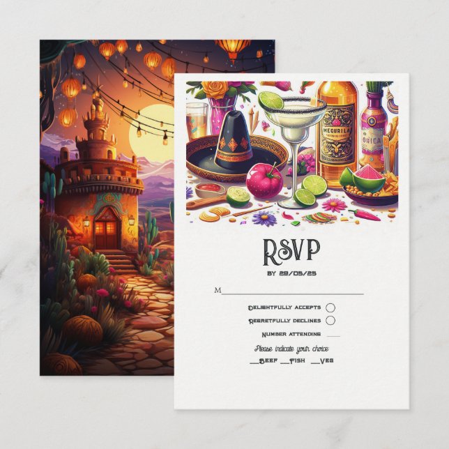 Tacos und Tequila Fiesta Wedding RSVP Karte (Vorne/Hinten)